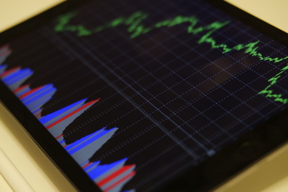 Forex candlestick chart and technical indicators on a trading monitor